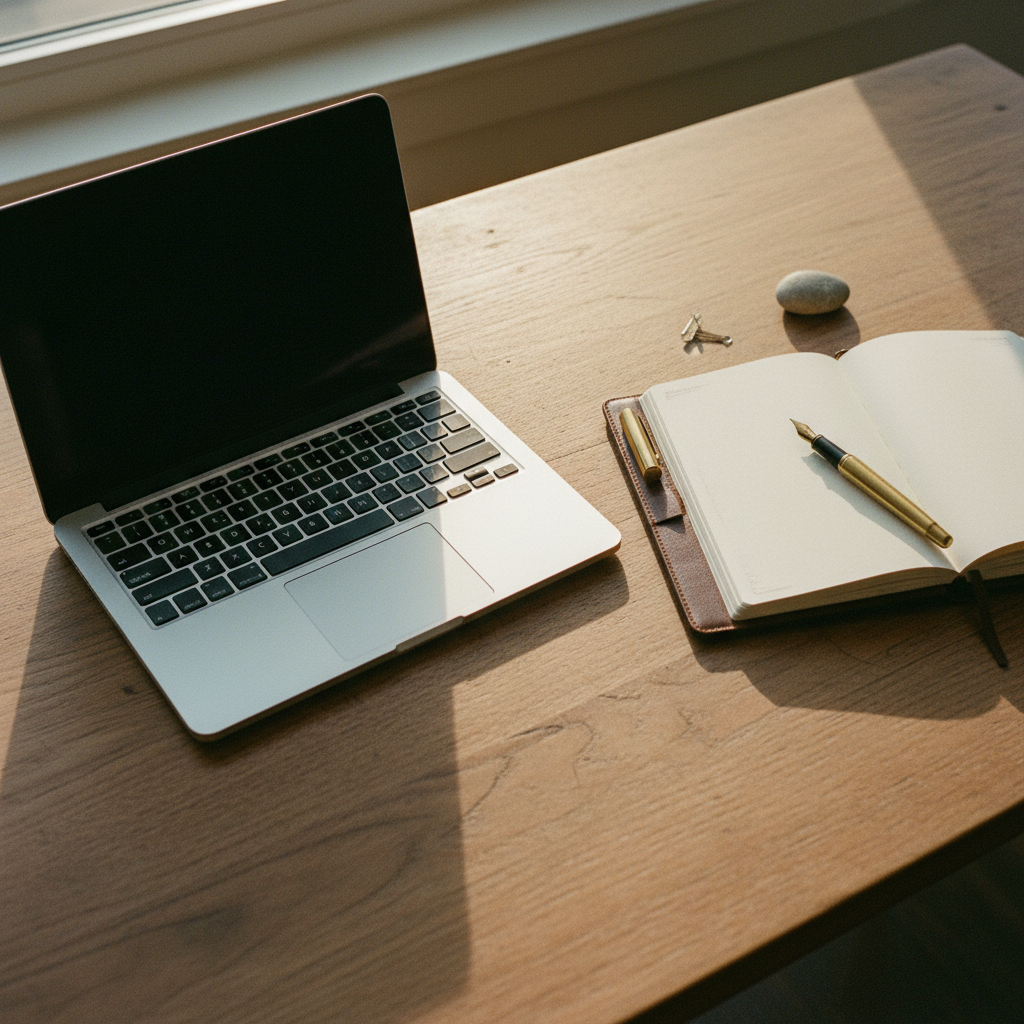 A clean wooden desk with a silver laptop, a physical notebook, and a brass pen in morning light.