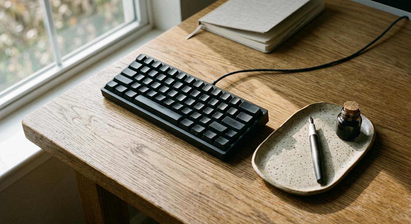 A high-quality close-up of a premium mechanical keyboard and a clean wooden desk surface in morning light.