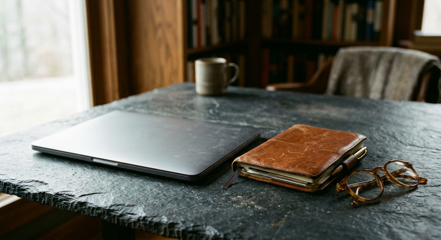 A close-up of a silver laptop and a leather-bound notebook on a slate table.