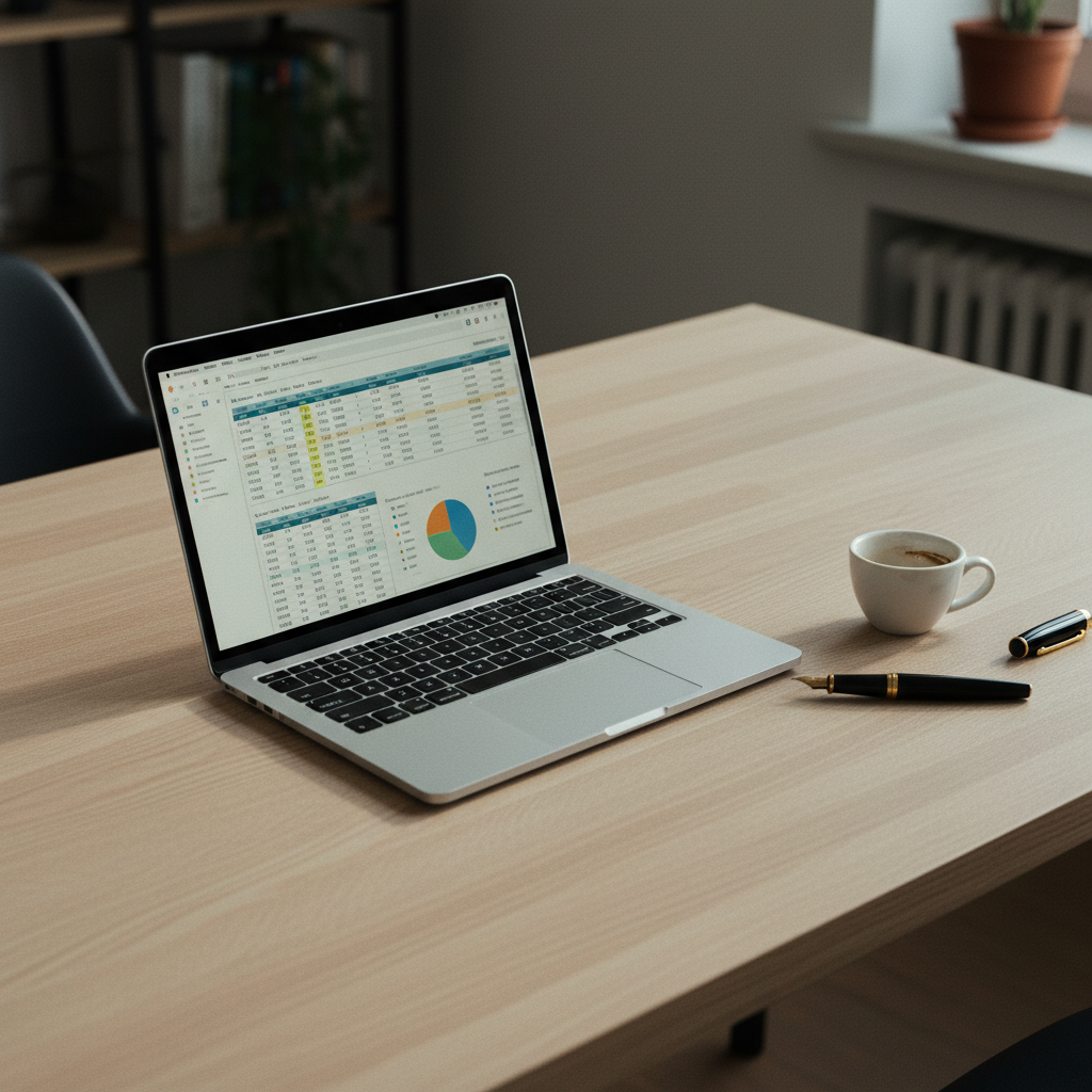 A minimalist oak desk in a Berlin office featuring an open MacBook showing a complex Excel spreadsheet next to a matte black coffee mug.