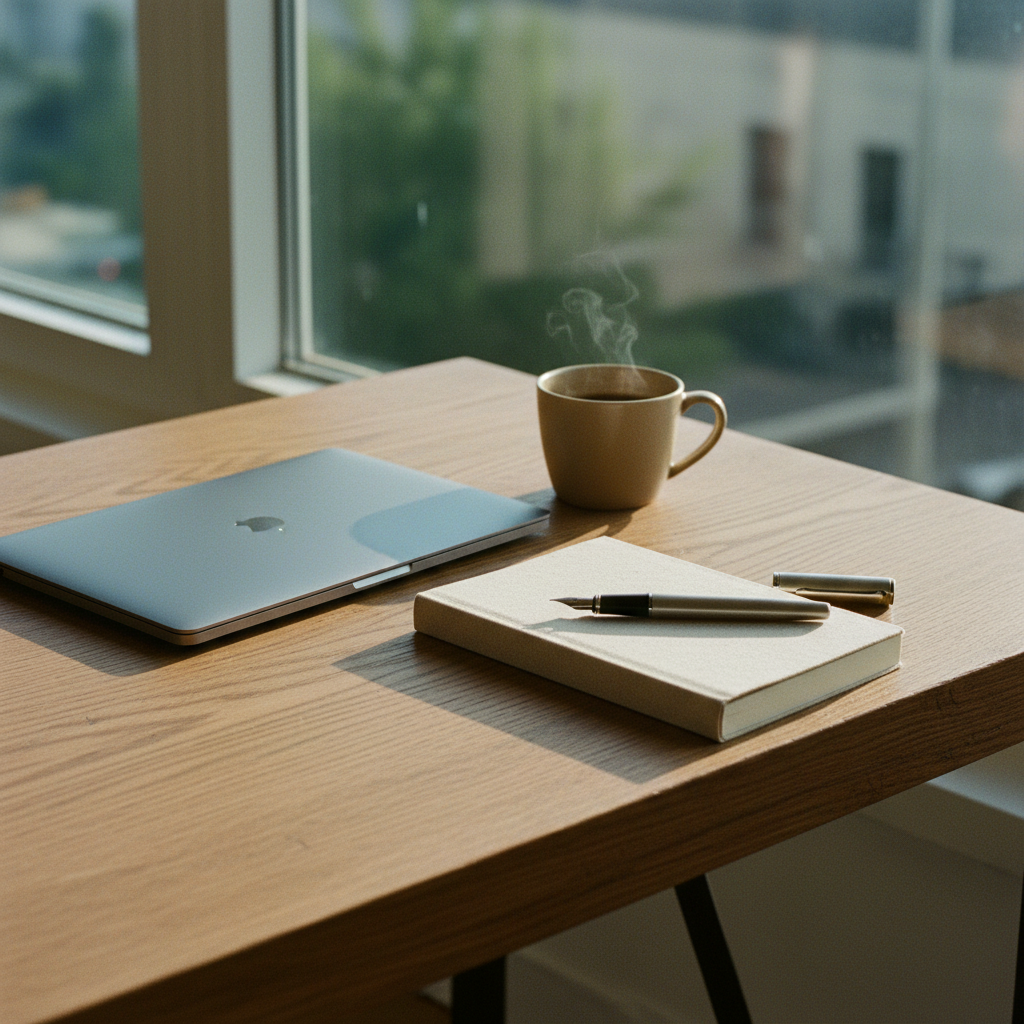 A minimalist wooden desk in a bright Dublin studio with a high-end laptop, a cup of coffee, and a physical notebook.
