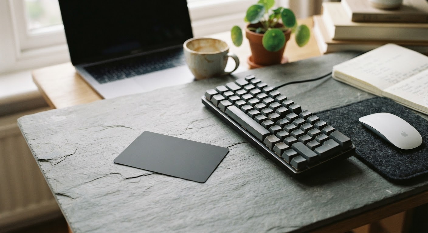 Physical software packaging and a compact mechanical keyboard illuminated by window light