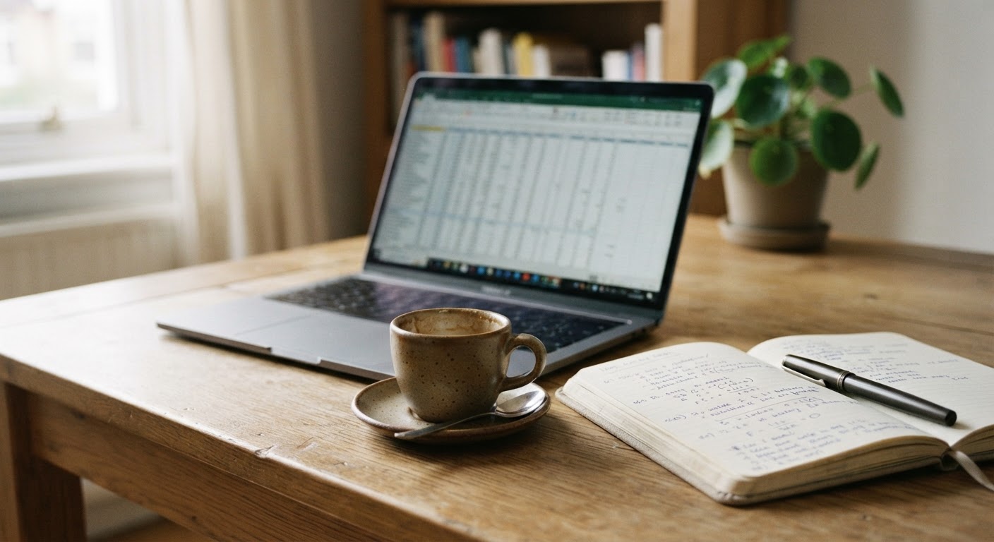 A clean wooden desk with a modern laptop displaying Microsoft Excel and a notebook beside an espresso cup
