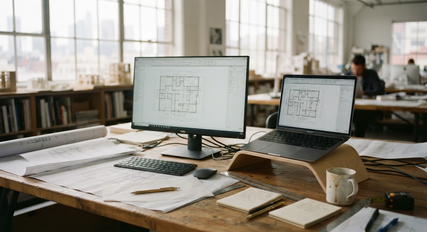 Side-by-side workstation showing a Windows PC and a Mac laptop in a bright design studio
