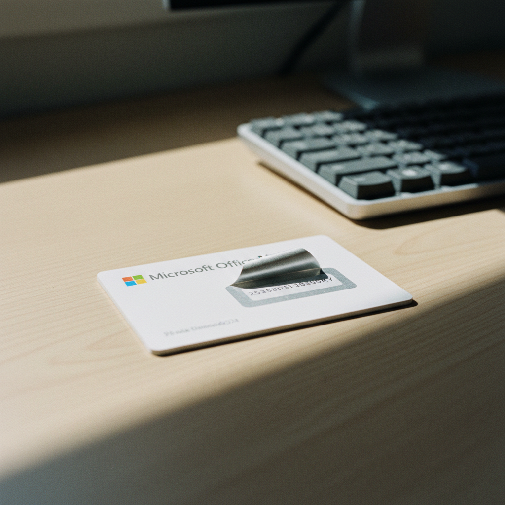 A close-up of a Microsoft Office 2024 product card with a visible license key on a clean, modern desk.
