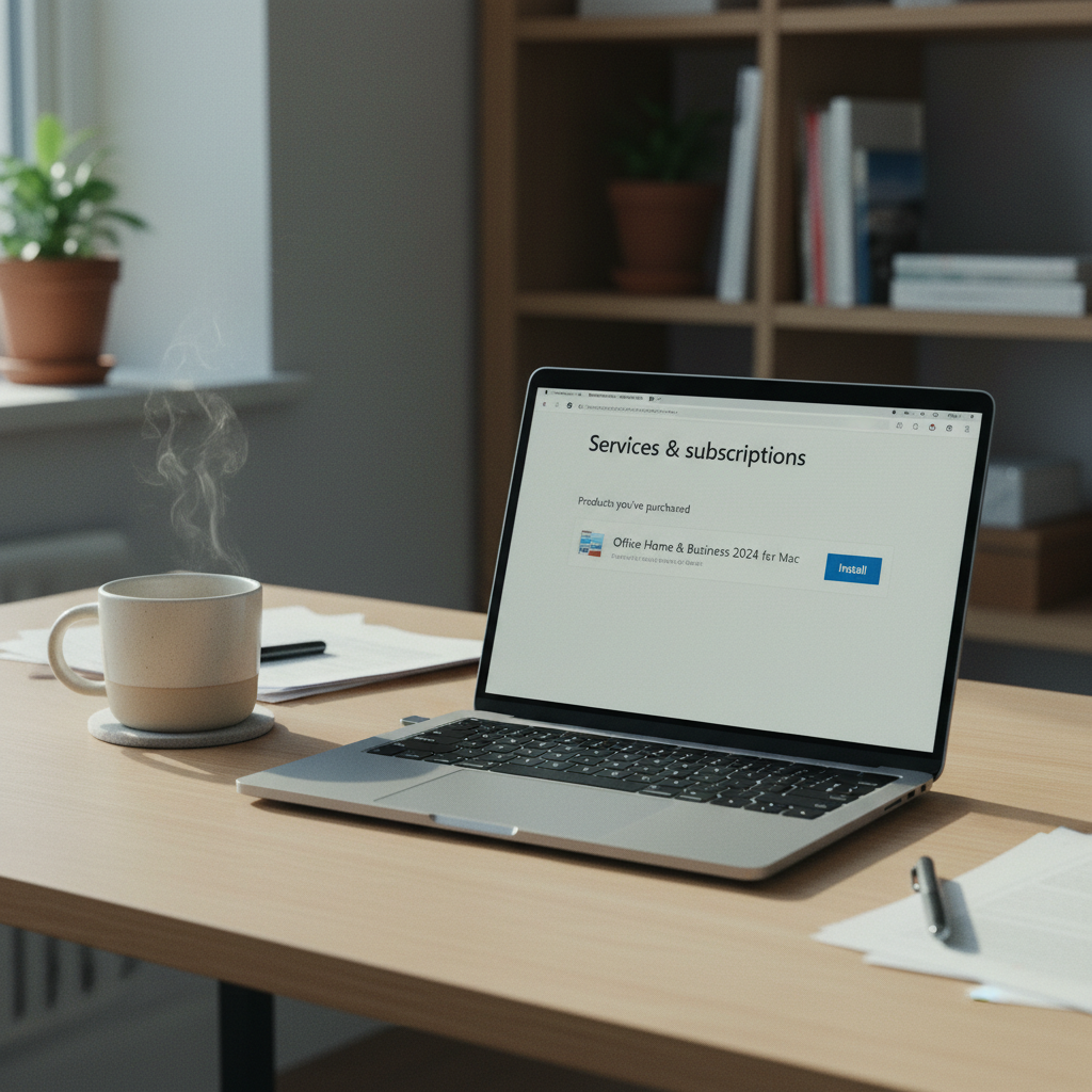 A new MacBook Pro on a desk, with the Microsoft account page open showing the Office for Mac download link.
