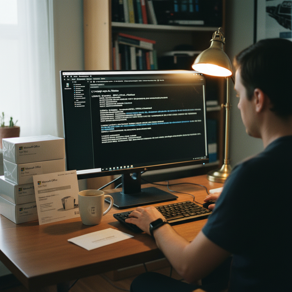 A user on a Windows 11 PC using the Command Prompt to check their Office license status, with the ospp.vbs command visible.