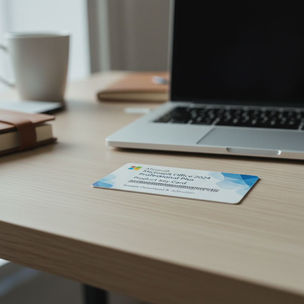 A close-up of a genuine Microsoft Office Professional 2024 product key card resting on a clean, modern desk next to a laptop.