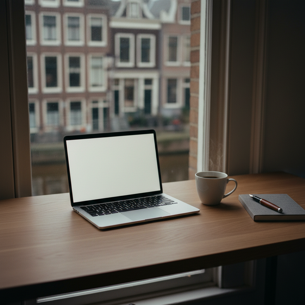 A clean, minimalist desk in a bright Amsterdam office featuring a high-end laptop, a cup of coffee, and a notebook.