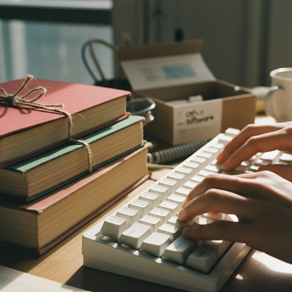A close-up of a person's hands typing on a mechanical keyboard next to a stack of physical ledger books.