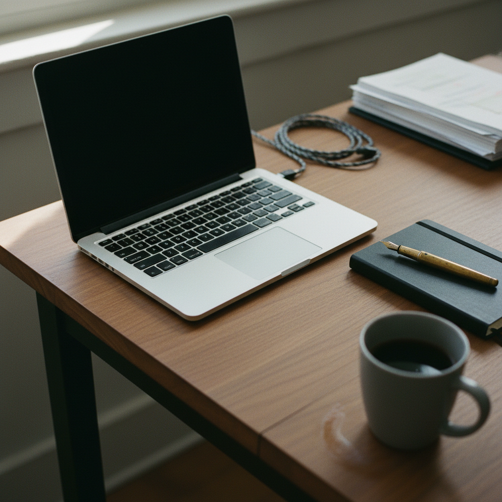 A clean, minimalist desk with a sleek laptop, a leather-bound notebook, and a ceramic coffee mug in soft morning light.
