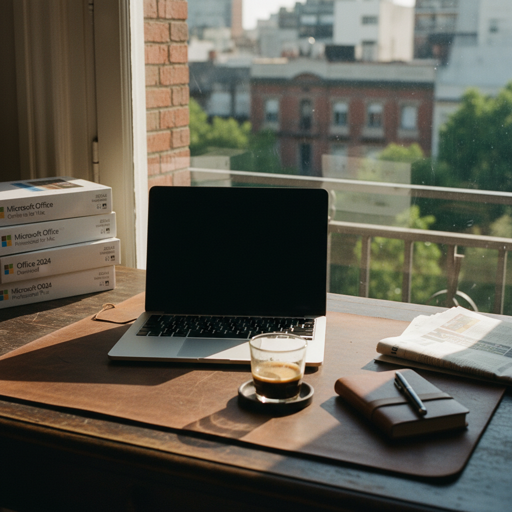 Escritorio de trabajo con una notebook plateada y un café en un jarrito de vidrio sobre madera oscura.