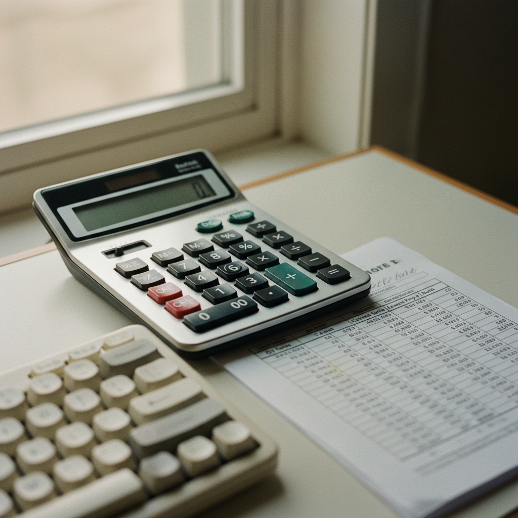 A close-up of a desktop computer screen showing a spreadsheet with financial projections and a physical calculator nearby.