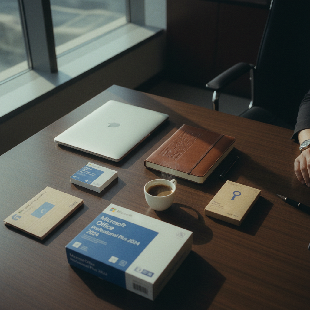 A high-end executive desk in a Dubai DIFC office with a laptop, a leather planner, and a cup of Arabic coffee.