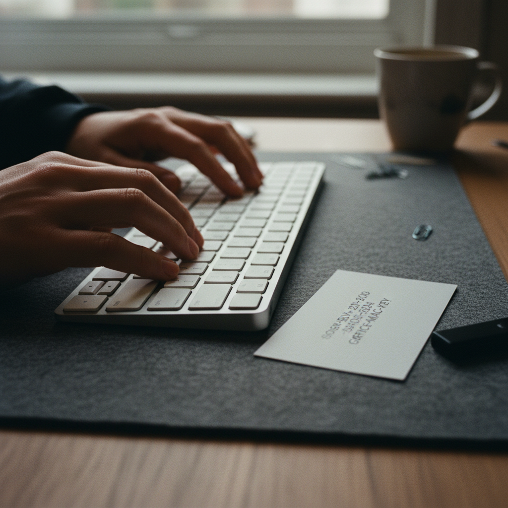 A close-up of a hand typing on a Mac keyboard next to a physical software license card and a ballpoint pen.