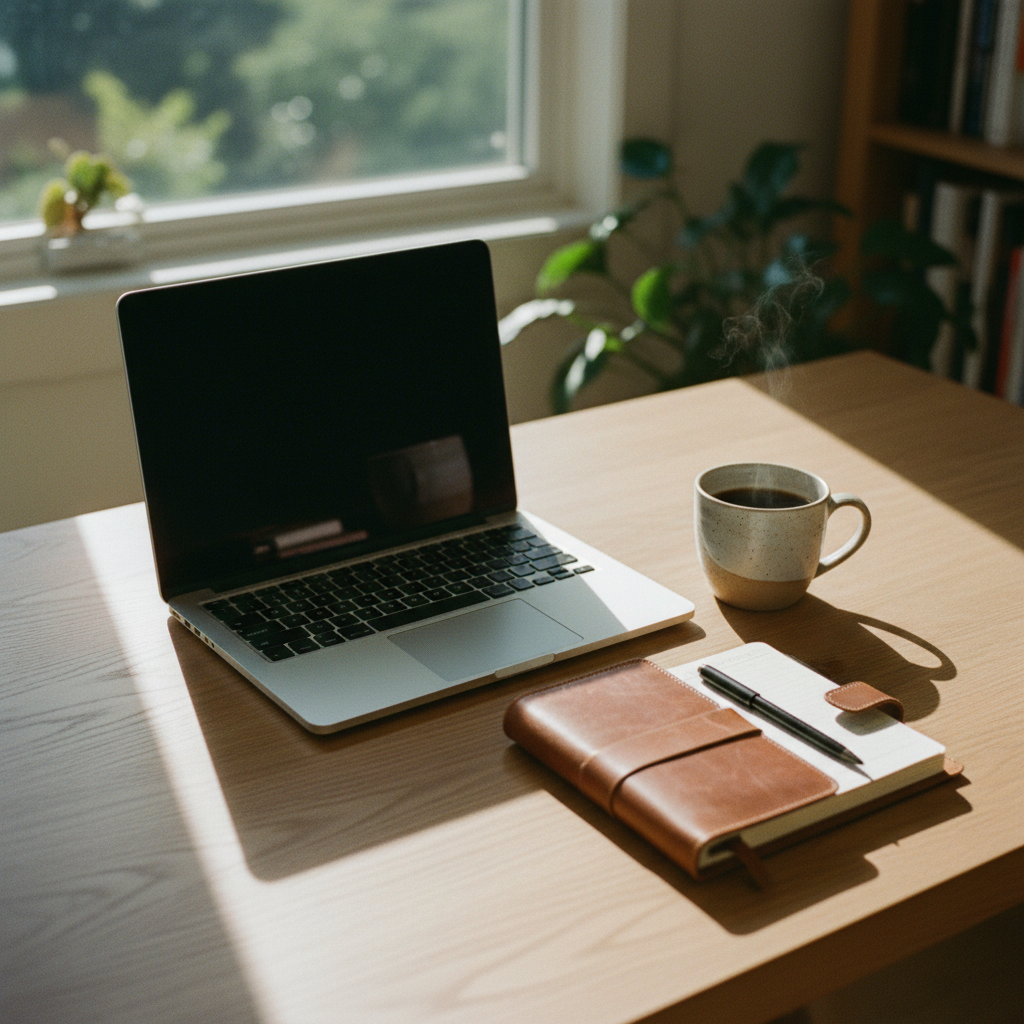 A MacBook Pro on a wooden desk in a bright Vancouver apartment, showing a spreadsheet on screen next to a cup of coffee and a notebook.