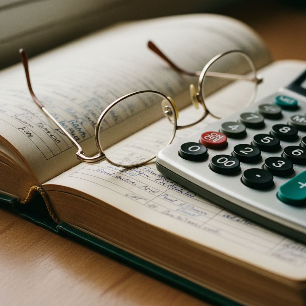A close-up of a ledger and a calculator on a textured desk surface.