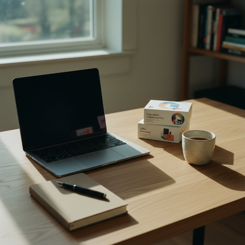 A clean, minimalist wooden desk with a modern slim laptop, a notebook, and a ceramic coffee mug in soft morning light.