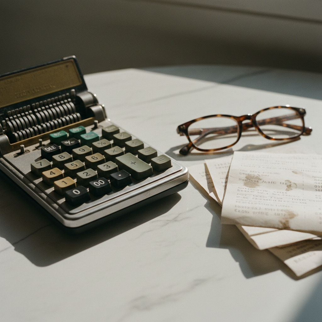 A stack of neatly organized invoices and a metallic calculator on a marble surface.