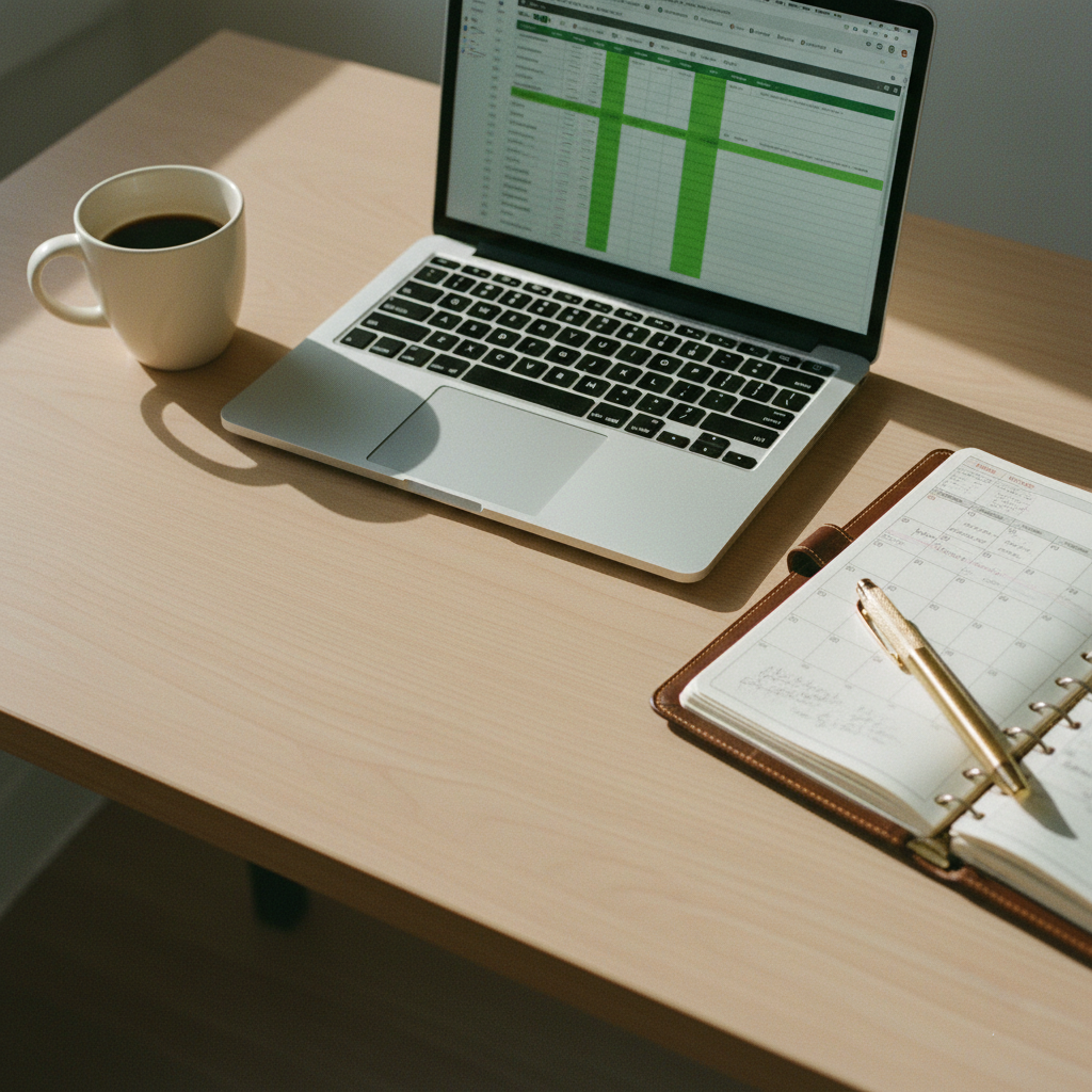 A high-quality laptop on a wooden desk showing an Excel spreadsheet next to a physical day-planner and a cup of black coffee.