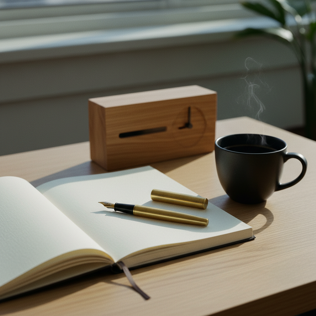 A clean, minimalist workspace with a focused architect's lamp and a notebook.