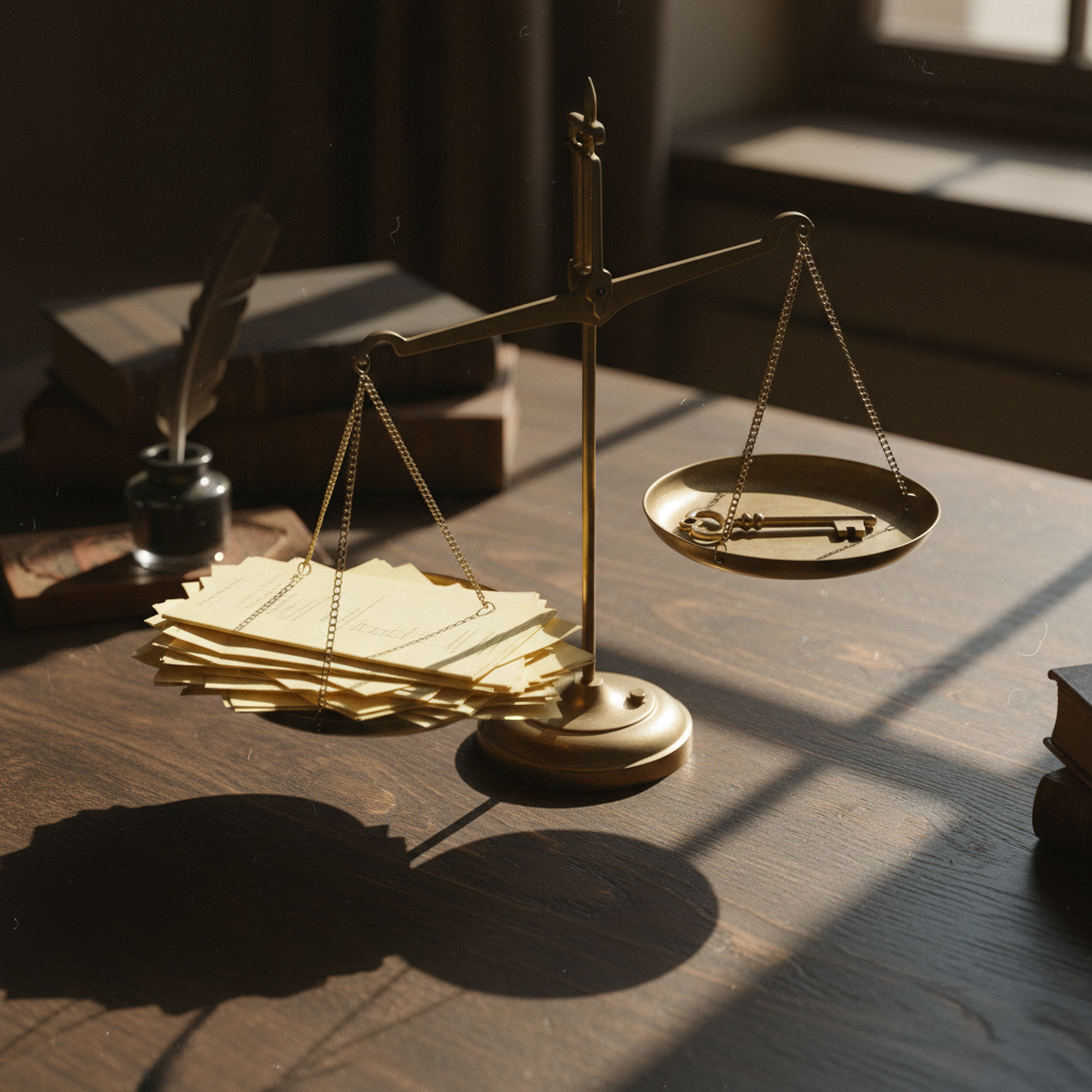 A vintage brass desk scale weighing a heavy stack of leather-bound ledgers against a single small key.