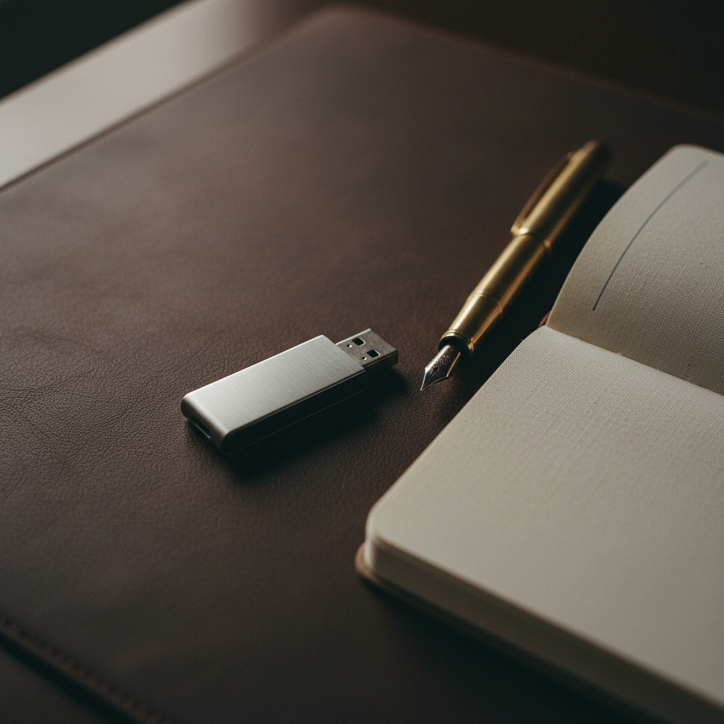 A close-up of a brushed metal USB drive and a handwritten notepad on a leather desk mat.