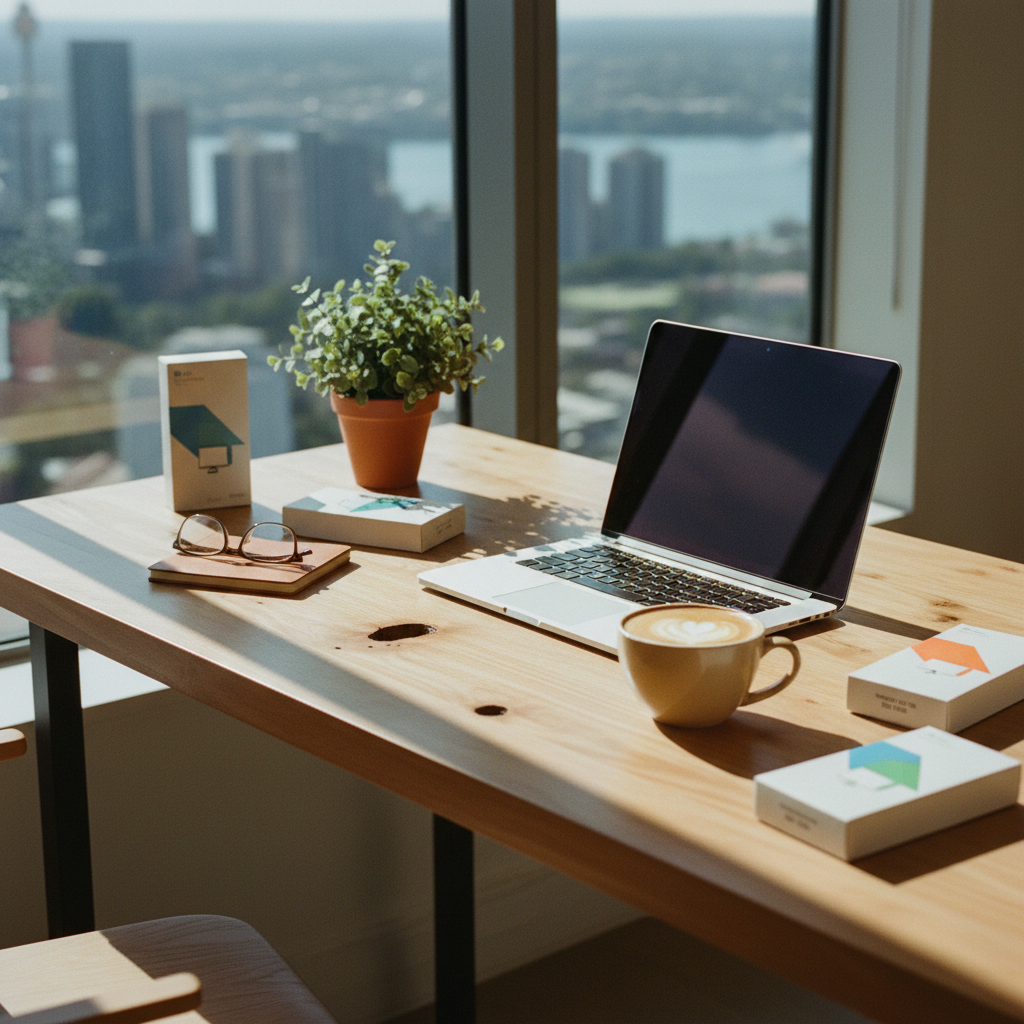 A high-end timber desk in a Sydney office featuring a modern laptop and a cup of flat white coffee.