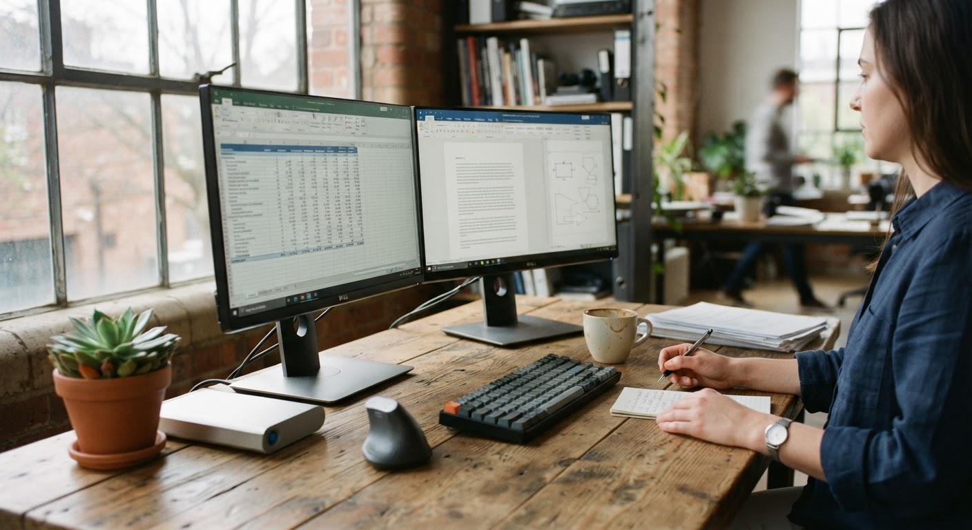 A dual-monitor workstation displaying business documents, invoices, and planning spreadsheets in a bright home studio