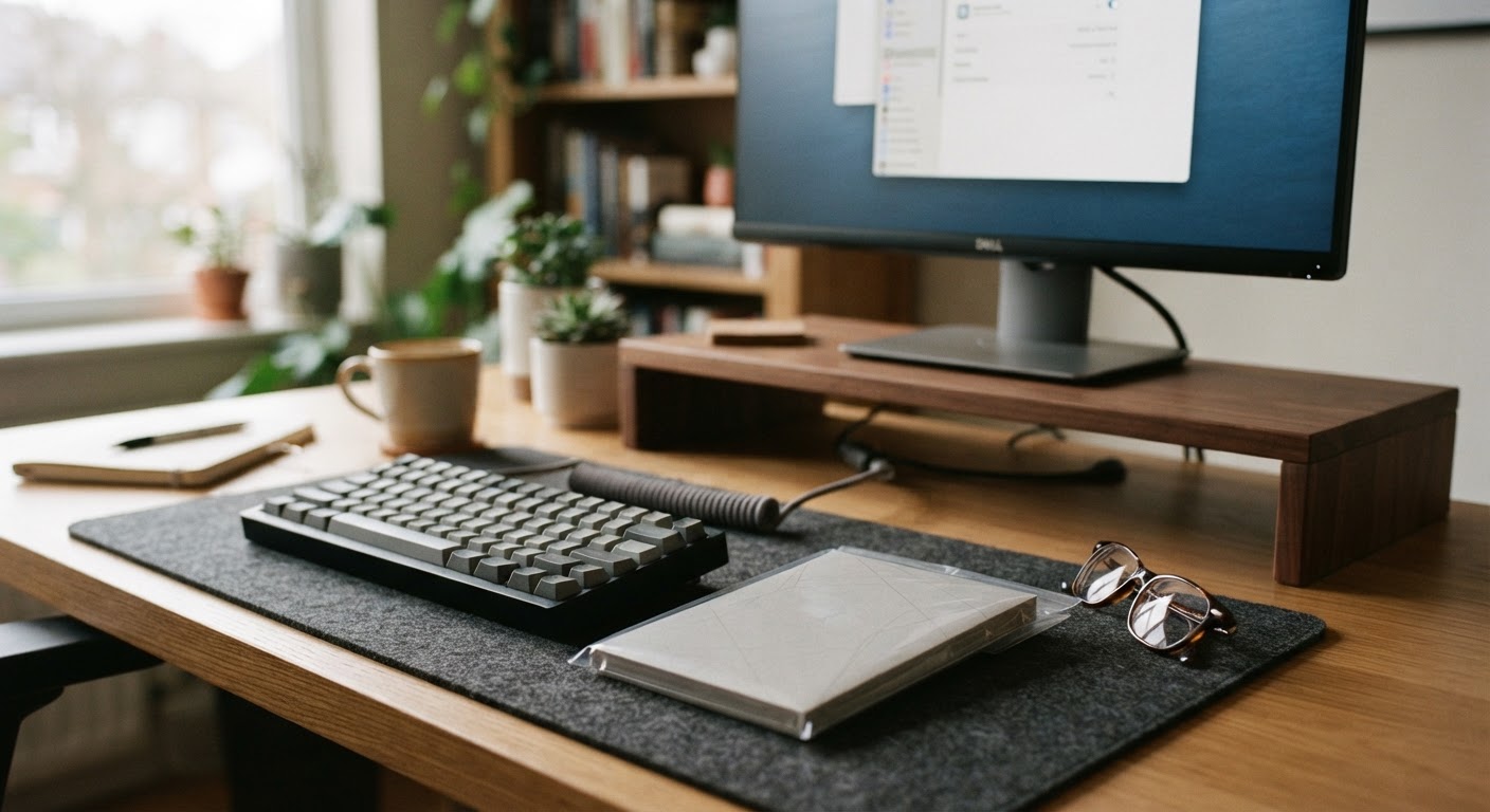 Close-up of a desktop computer setup with a mechanical keyboard and physical activation documentation on a desk