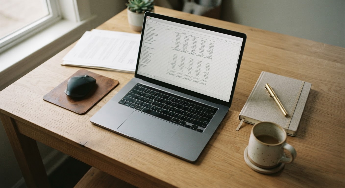 A clean home office desk setup featuring a laptop displaying a spreadsheet alongside a wireless mouse and notebook