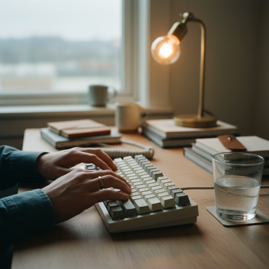 A close-up of a hand typing on a mechanical keyboard in a dimly lit office.