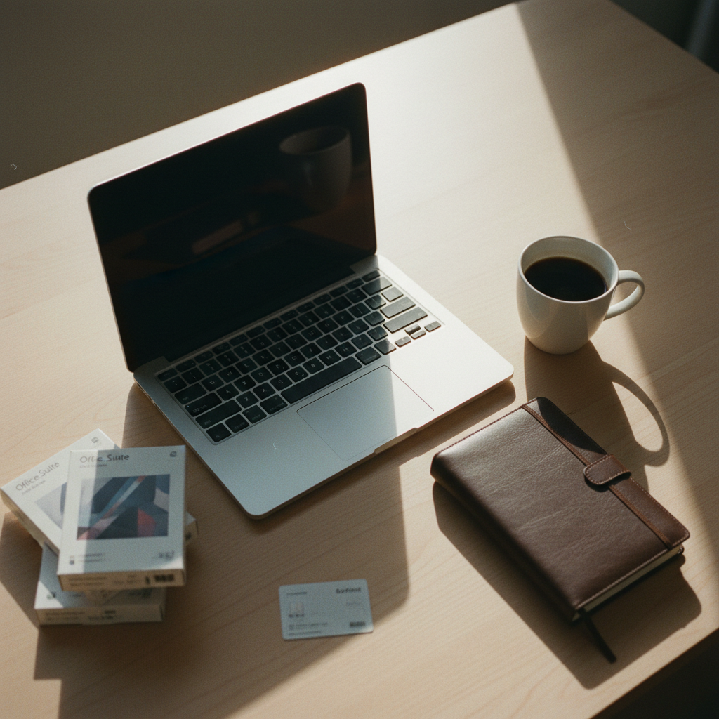 A high-quality laptop and a physical notebook on a dark wooden desk with morning light.