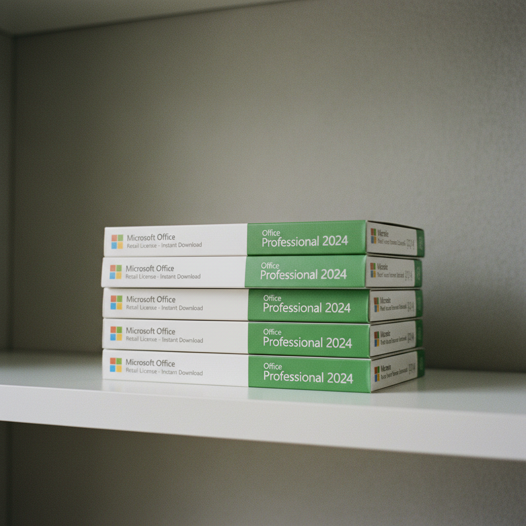 A retail box for Microsoft Office Professional 2024 next to a laptop displaying the Gosoftwarebuy website.
