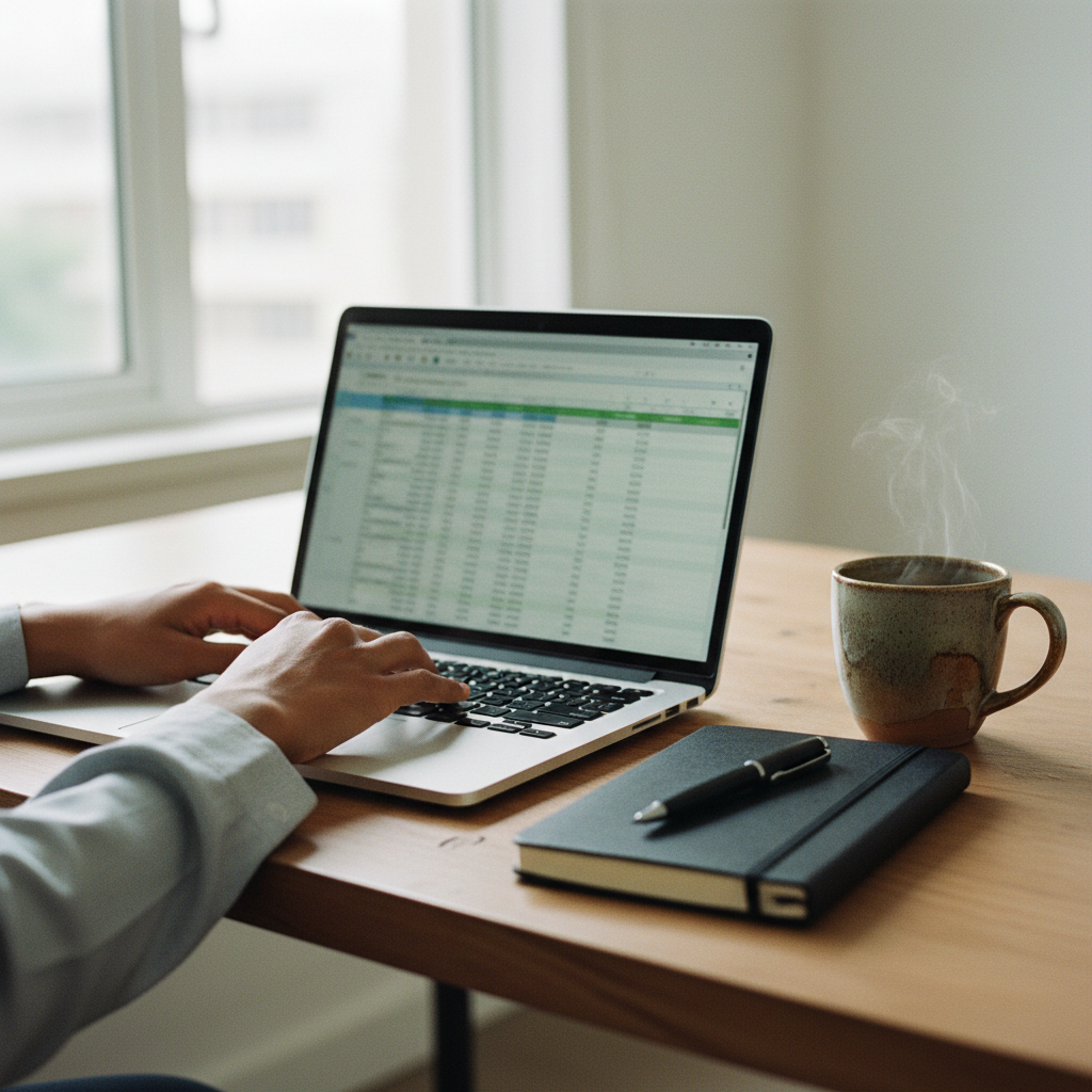 A close-up of a person's hands typing on a laptop with an Excel spreadsheet on the screen, next to a notebook and a cup of coffee on a wooden desk.