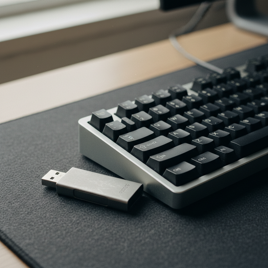 A close-up of a high-quality mechanical keyboard and a metallic USB drive on a dark felt desk mat.