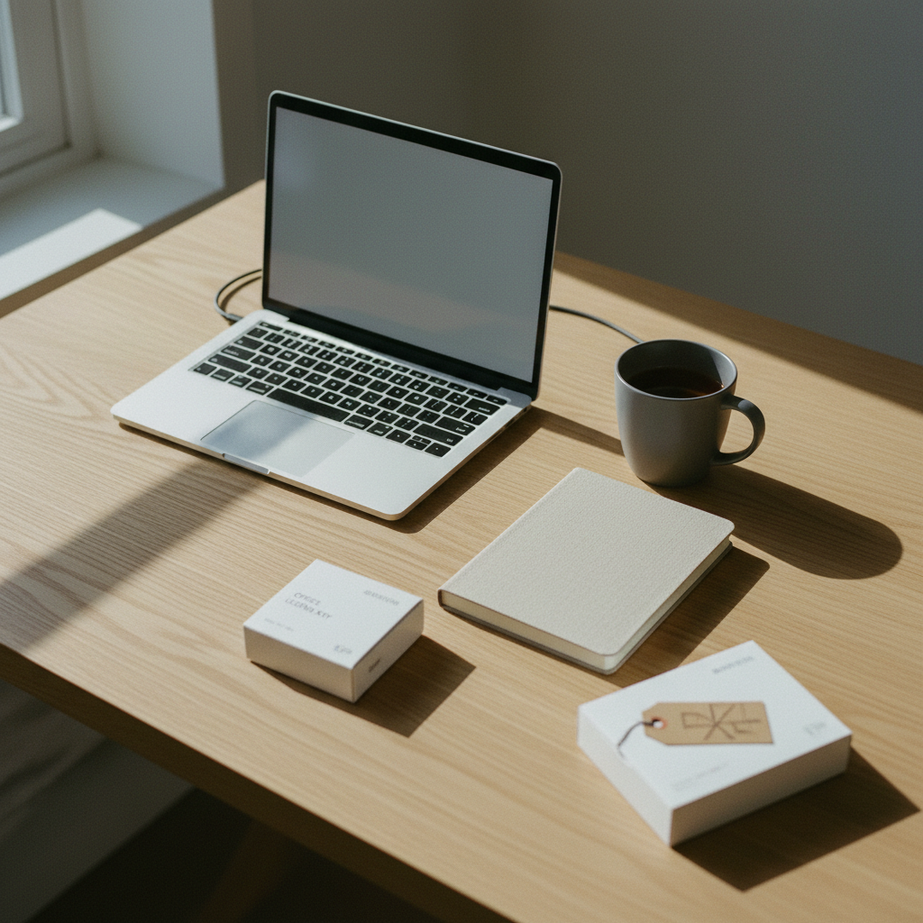 A clean, minimalist desk with a silver laptop, a physical notebook, and a ceramic cup of coffee in morning light.
