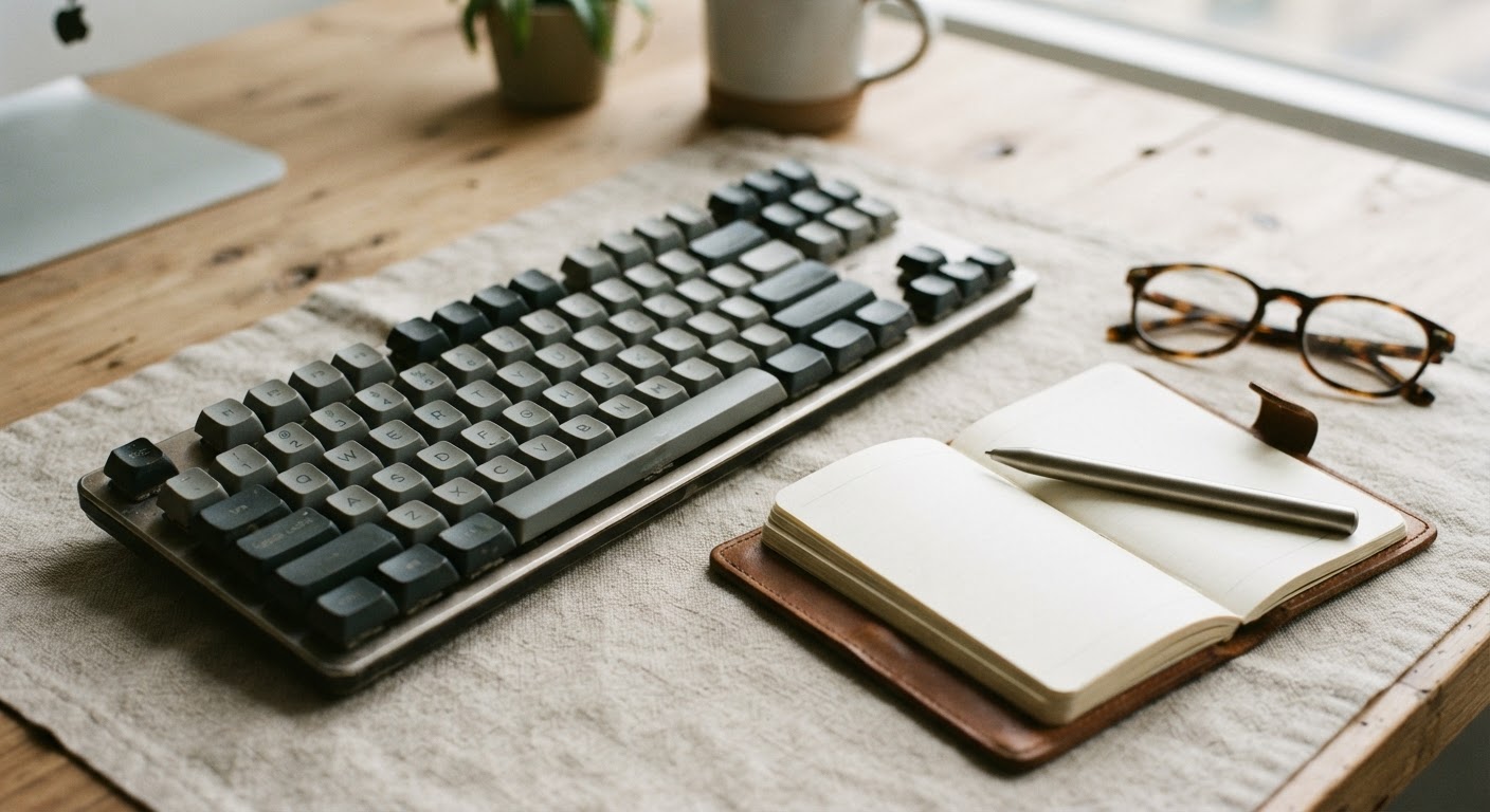 Close-up of a desktop workstation keyboard and notebook with software activation checklists