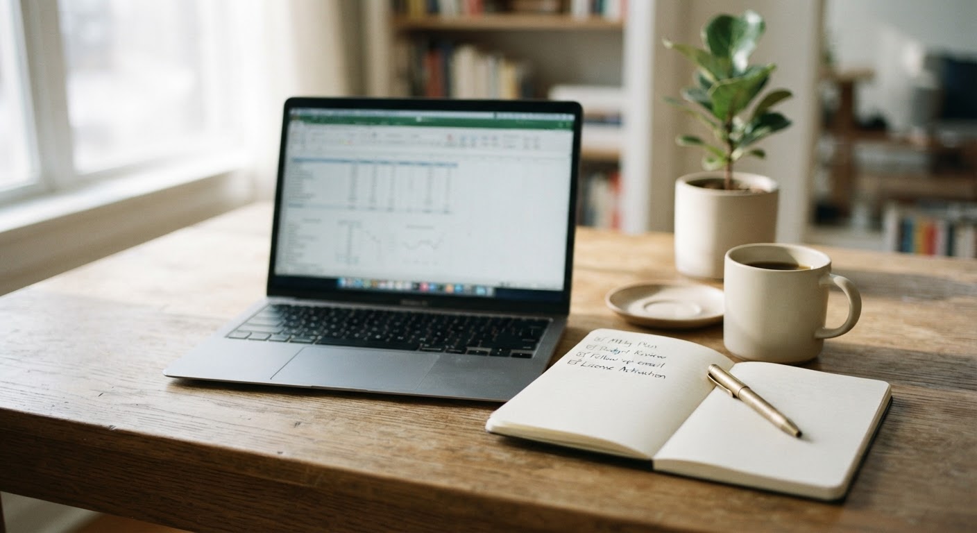 A clean modern desk workspace with a laptop running a spreadsheet and a notebook showing licensing notes