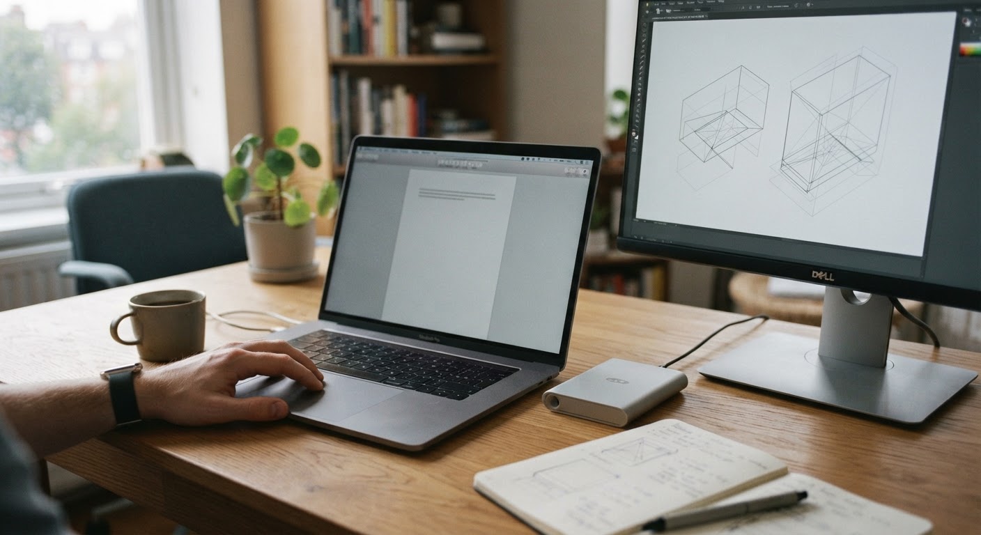 Dual screen office arrangement showing Word processing and presentation software side by side