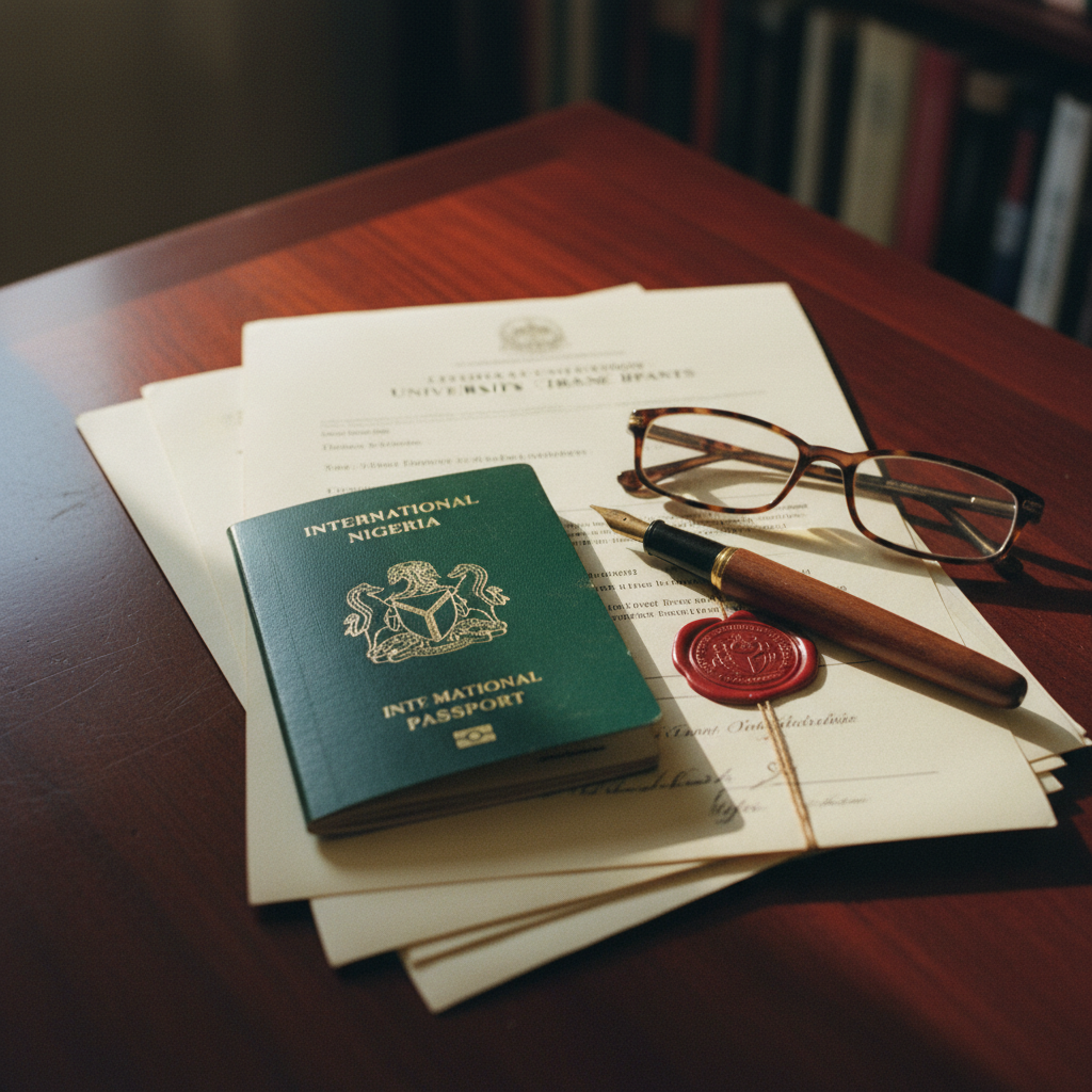 A close-up shot of an international passport, a university transcript, and a fountain pen on a wooden desk.
