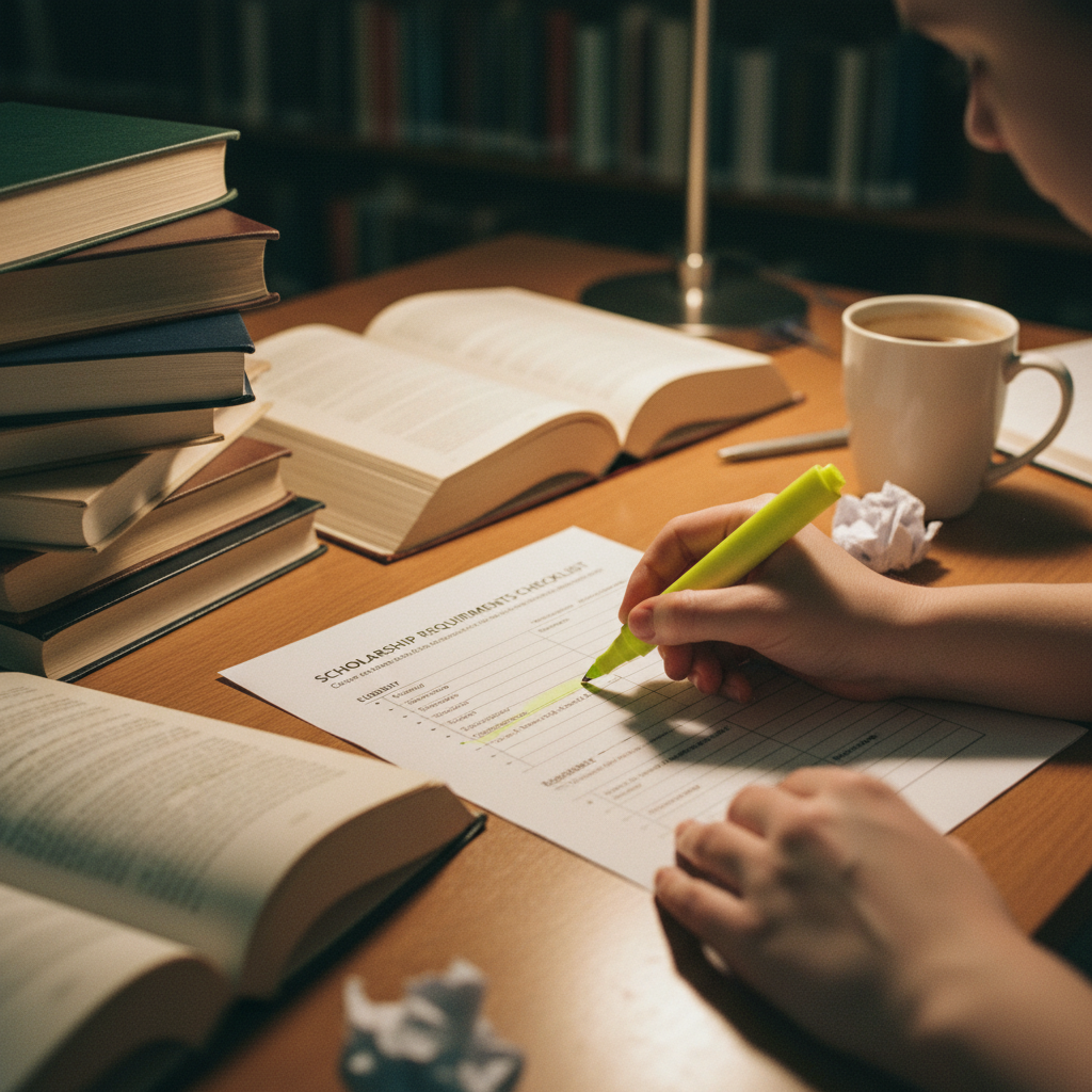 A student reviewing a printed scholarship application form with a highlighter and a checklist.