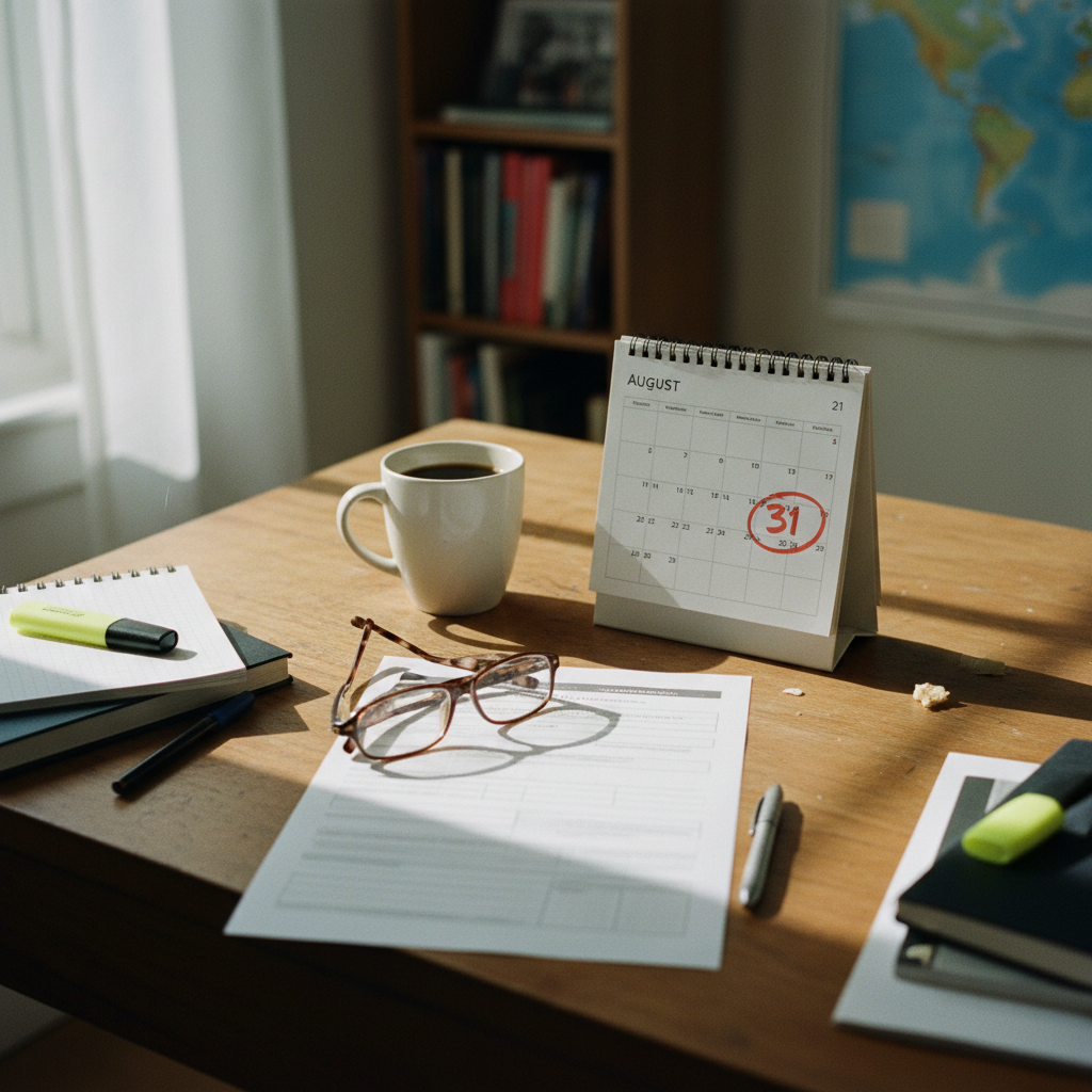 A close-up shot of an open leather-bound planner and a fountain pen on a wooden desk with a vintage map in the background.