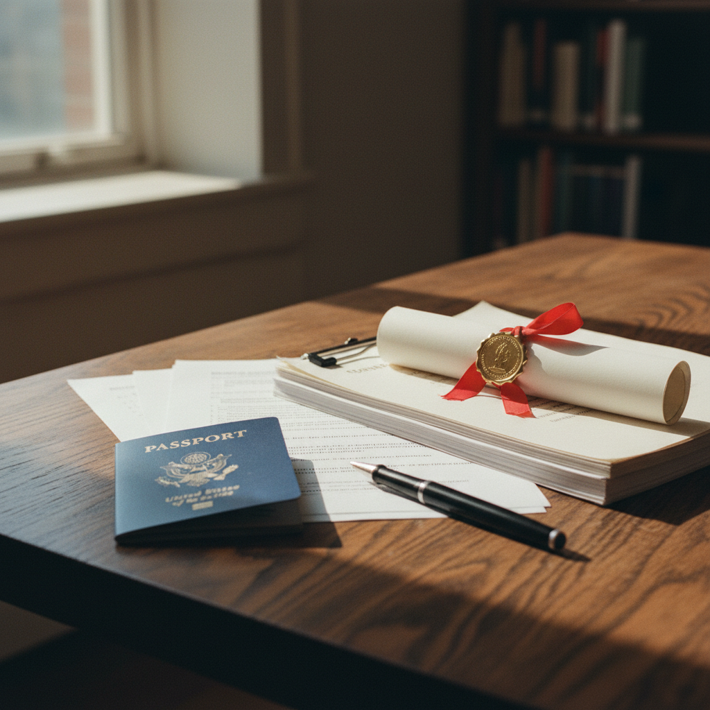 A stack of official academic transcripts and a passport sitting on a desk next to a library book.