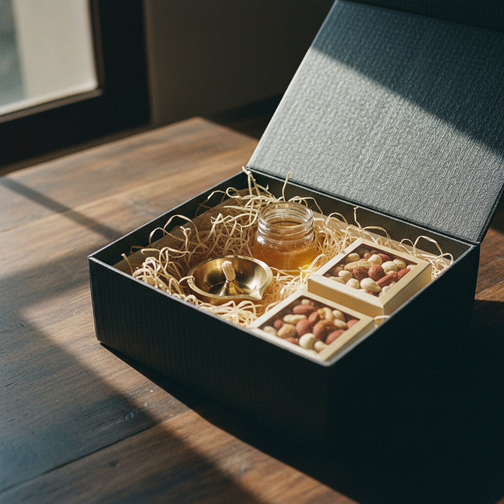 Hand-packed premium Diwali gift hamper with artisanal snacks and brass lamp.