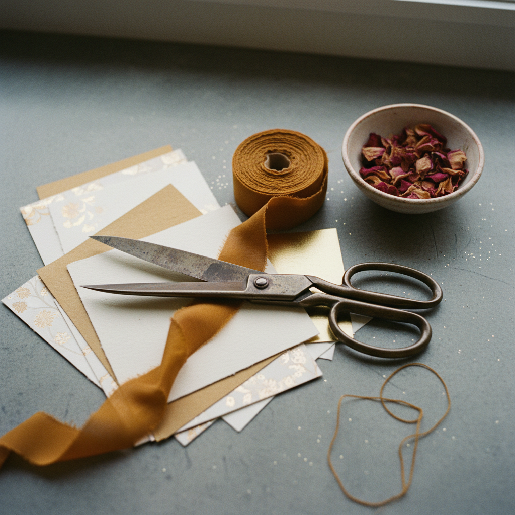 Swatches of fabric, paper stock, and ribbon for custom brand packaging.