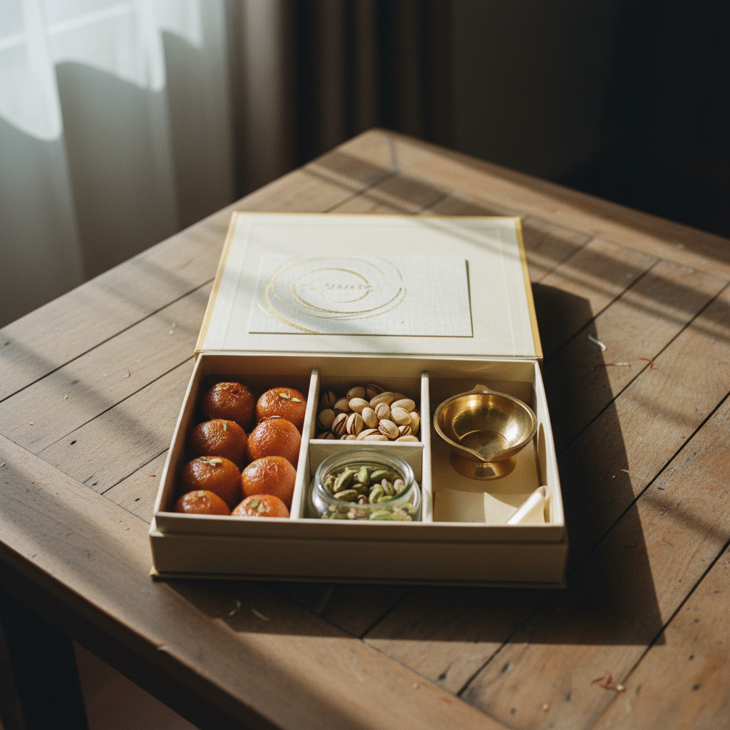 A meticulously arranged Diwali gift box featuring artisanal sweets, a brass diya, and premium nuts on a dark wood surface.