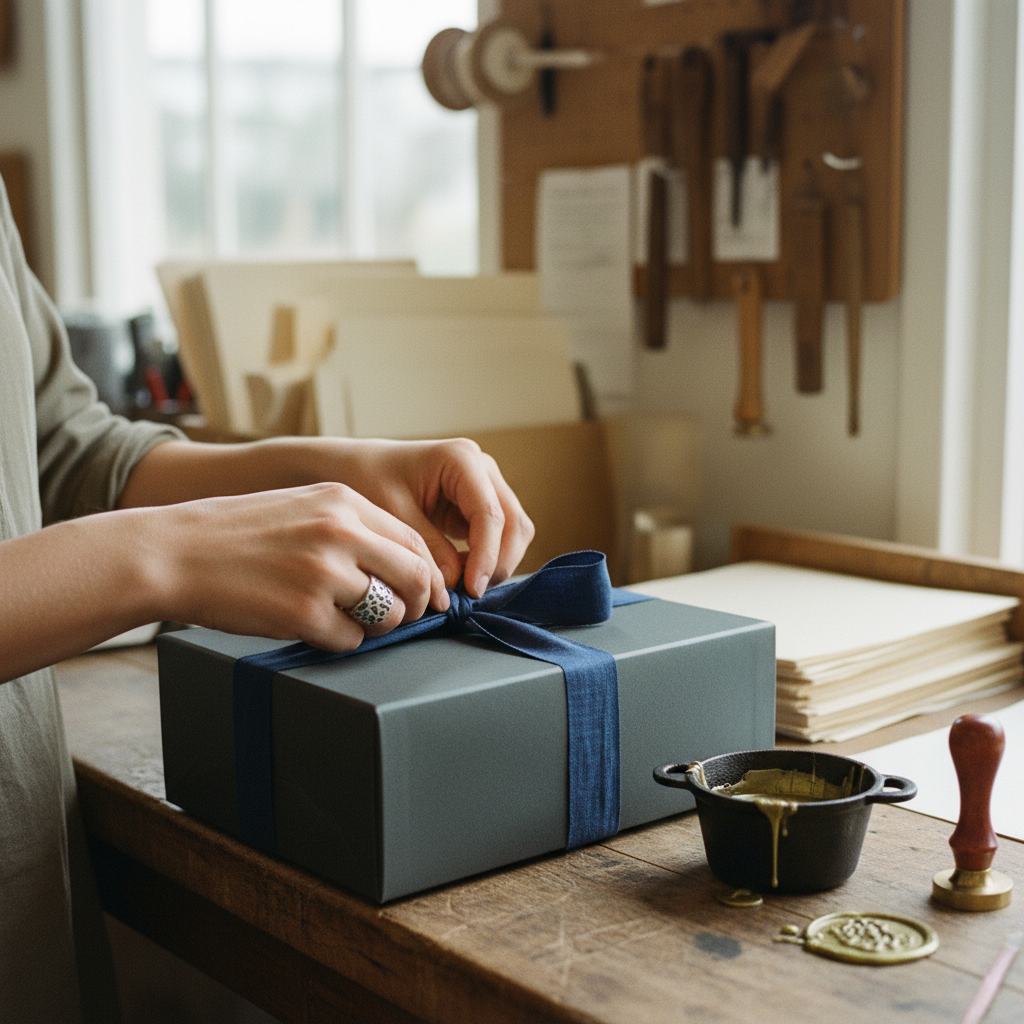 A craftsman's hands carefully wrapping a corporate gift box with thick navy blue ribbon and a custom wax seal.