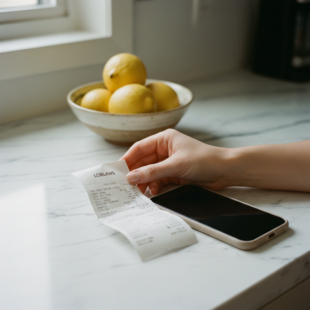 A close-up of a hand holding a grocery receipt next to a smartphone on a kitchen counter.