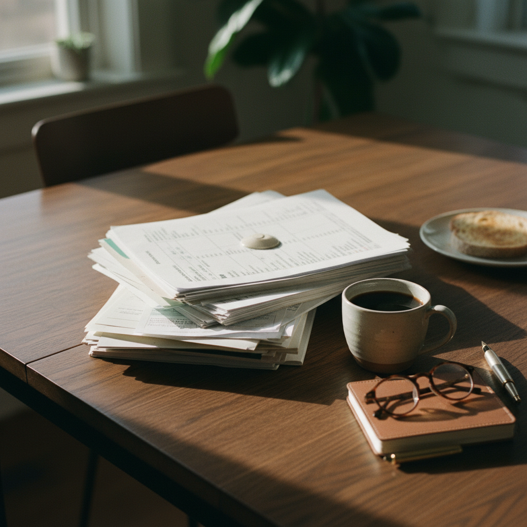 A top-down view of a wooden dining table with a printed monthly budget statement, a cup of coffee, and a fountain pen.